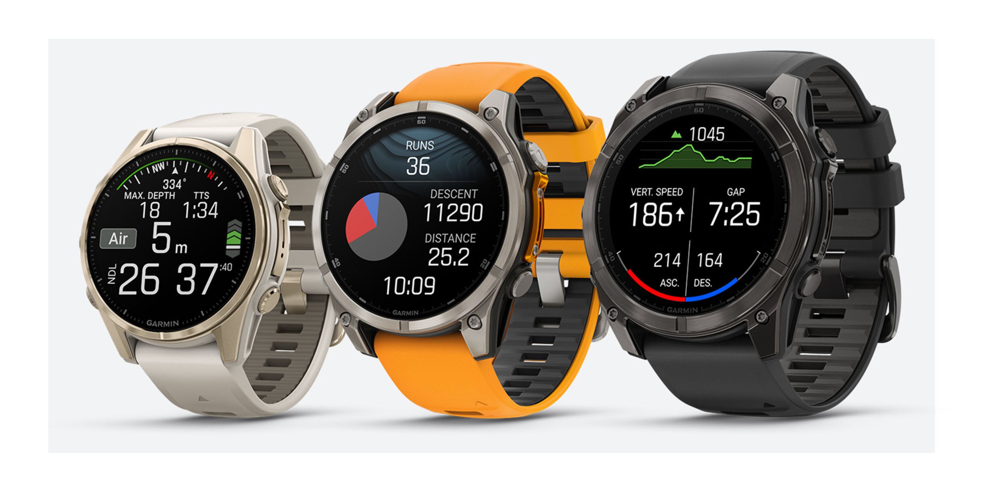 Garmin fenix 8 side by side in cream, orange, and black