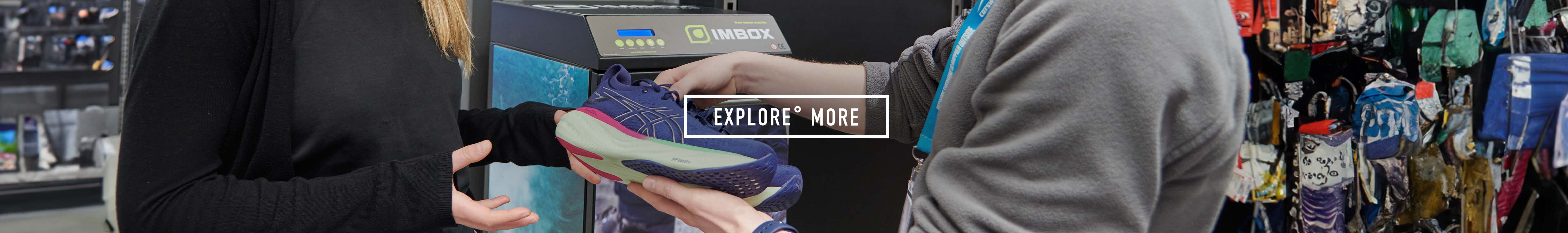 Runners Need explore more. A person performing the Imbox service on a pair of running shoes
