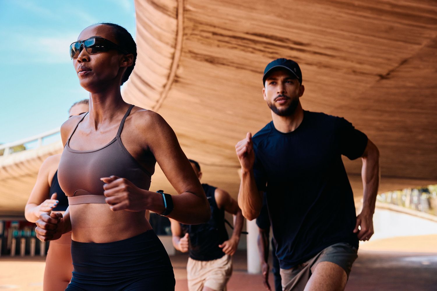 Womand and man running