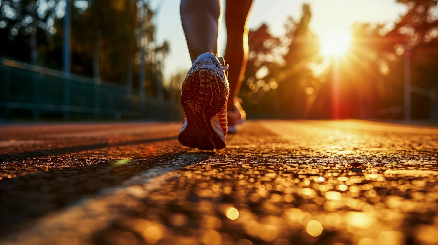 Shot of running shoes with sunset in background