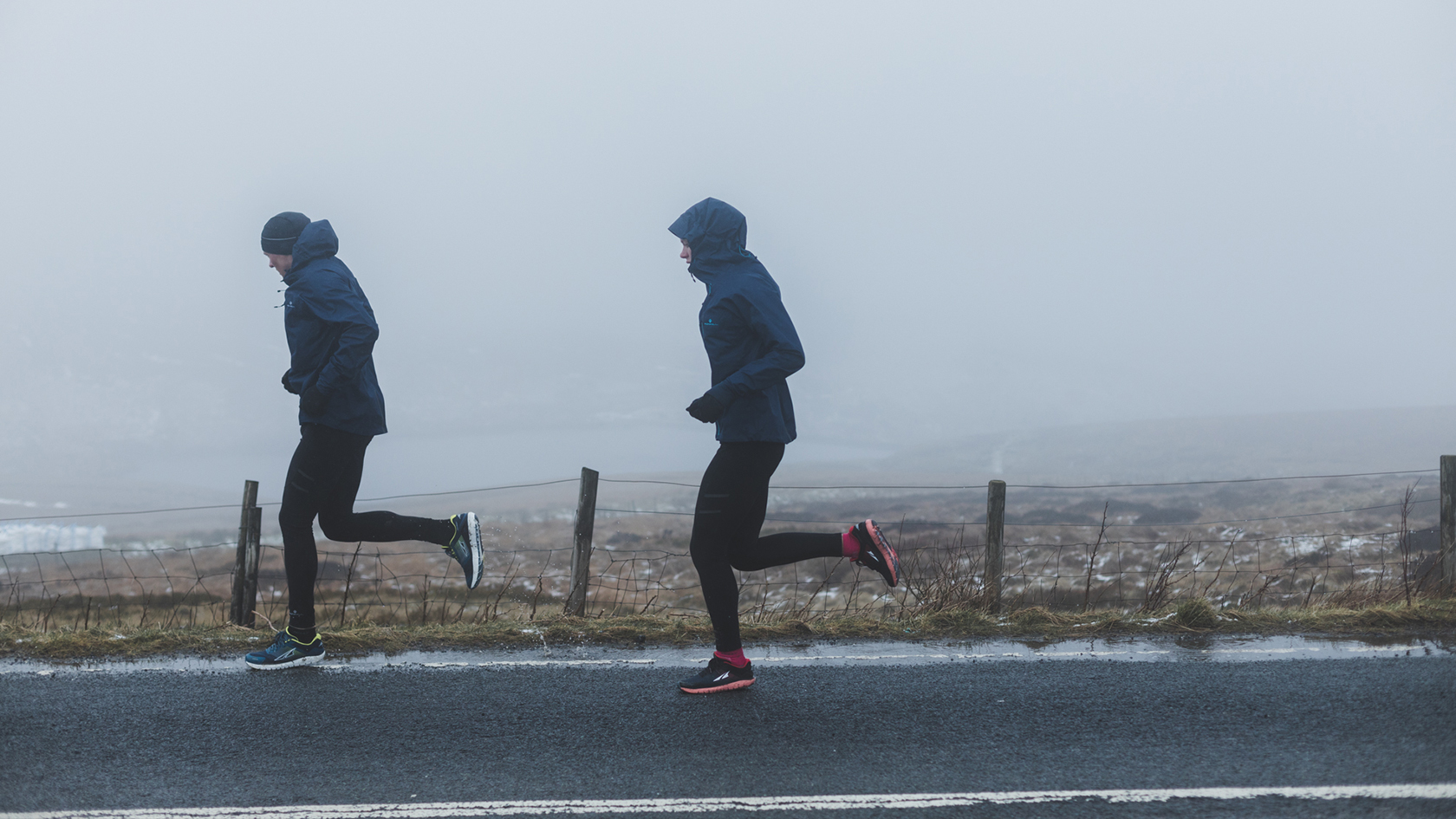 Friends running in the winter
