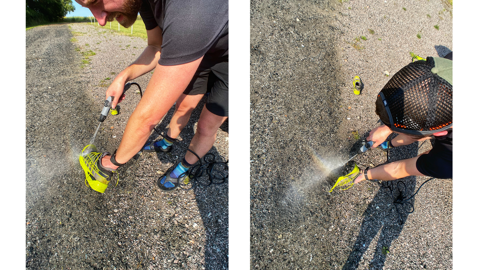 Simon washing their shoes with a hose 