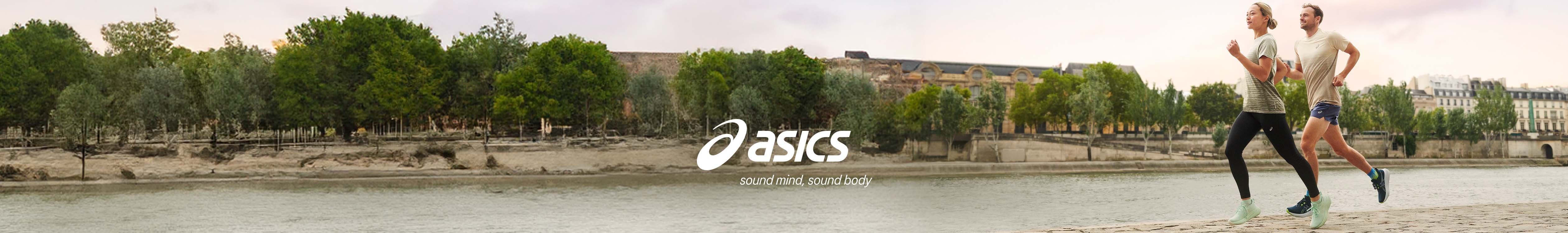 Asics header image, two people running in Asics shoes down the river 