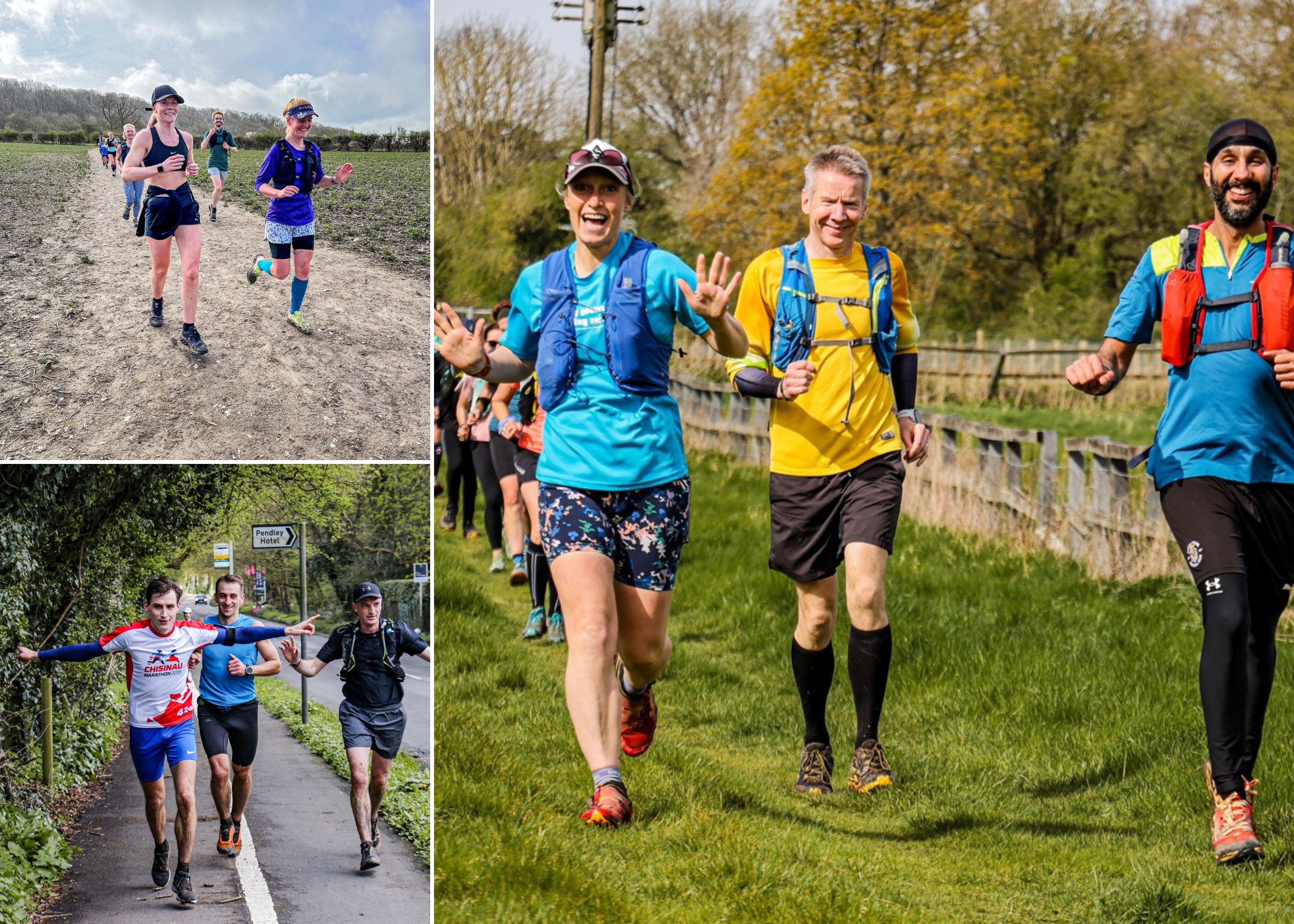 A collage of people running trail races with their coach