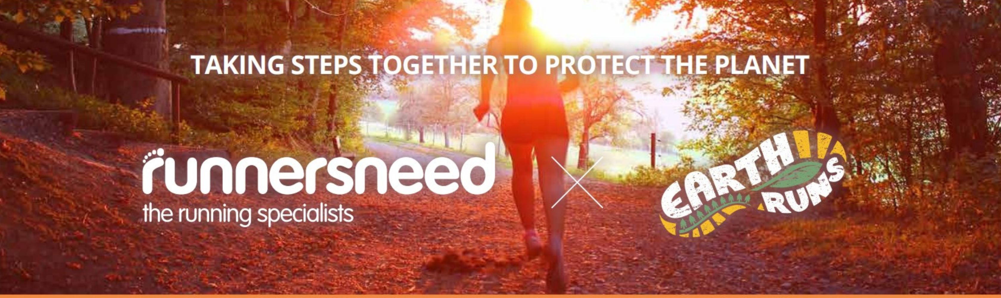 A hero image of a red woodland with the Runners Need and Earth Runs logo.Ir reads: Taking steps together to protect the planet