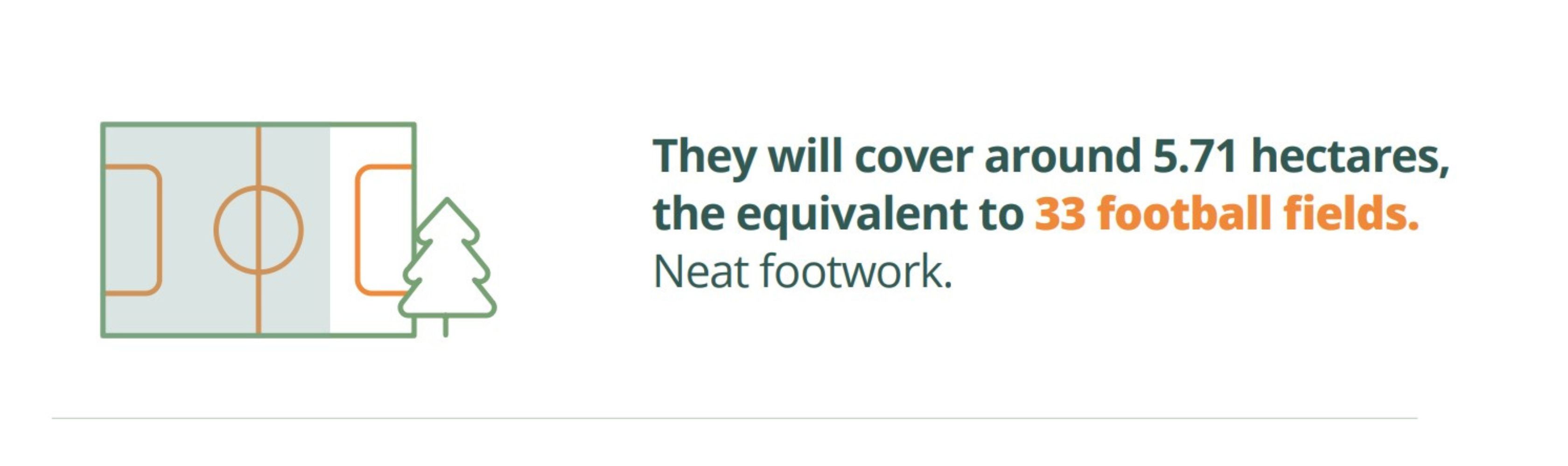 Text reads "They will cover around 5.71 hectares,  the equivalent to 33 football fields."