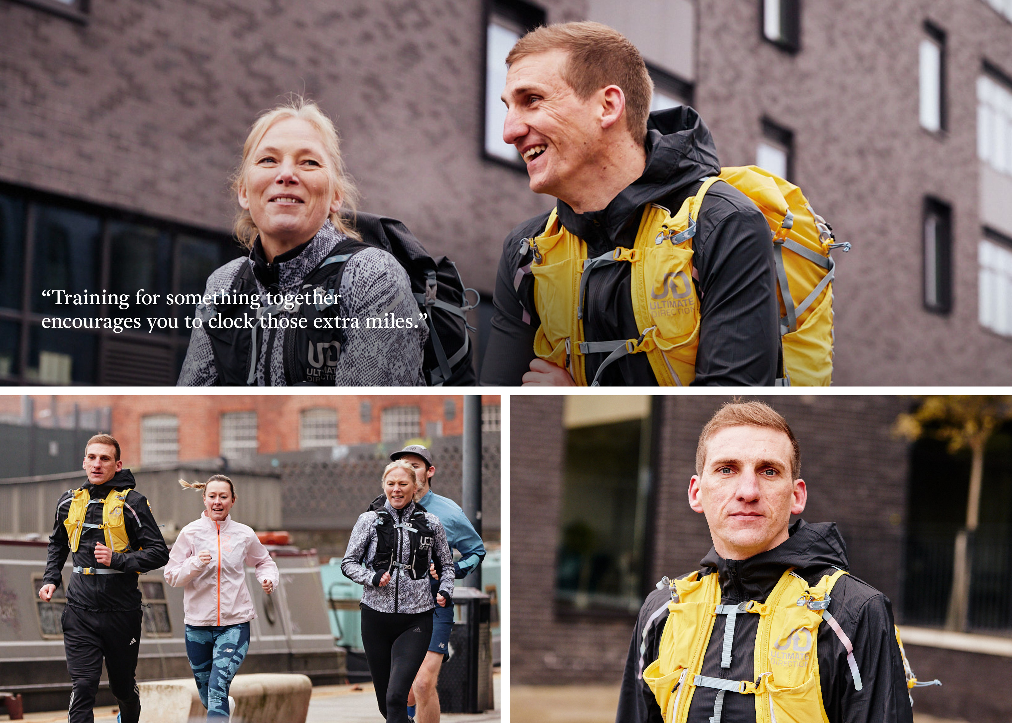 A collage of people running together in the city