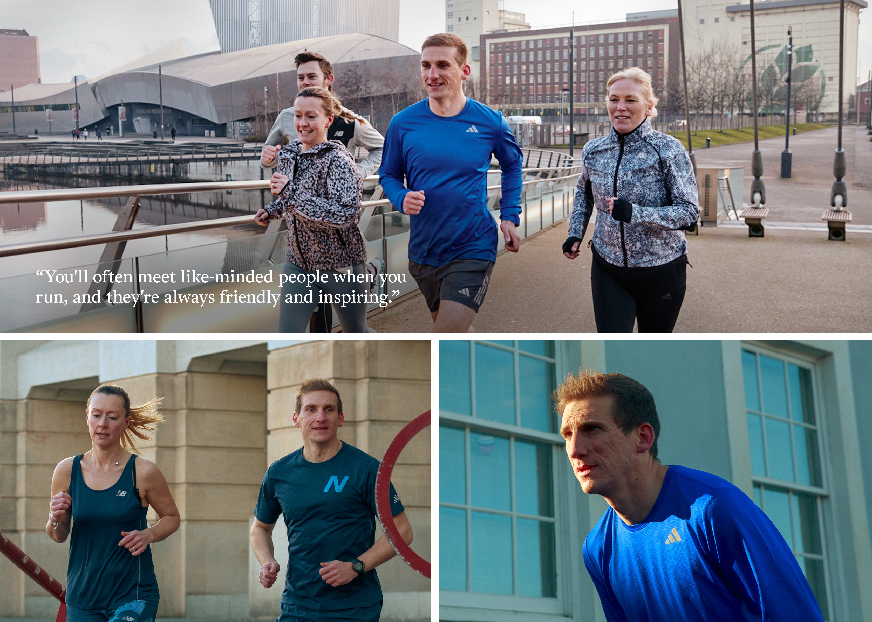 A collage of people running together in the city