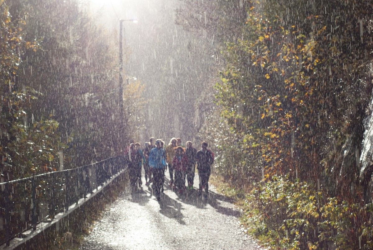 A group of people running in the rain in their Goretex running shoes