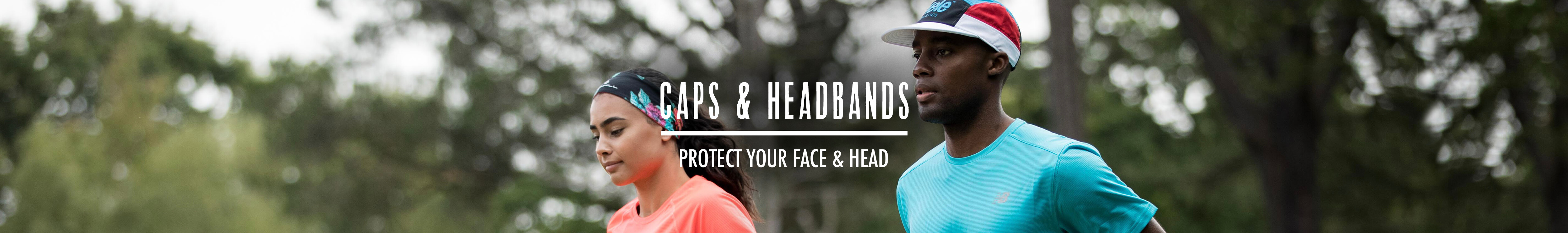 Caps and headbands header, with a man and woman wearing running hats and headbands