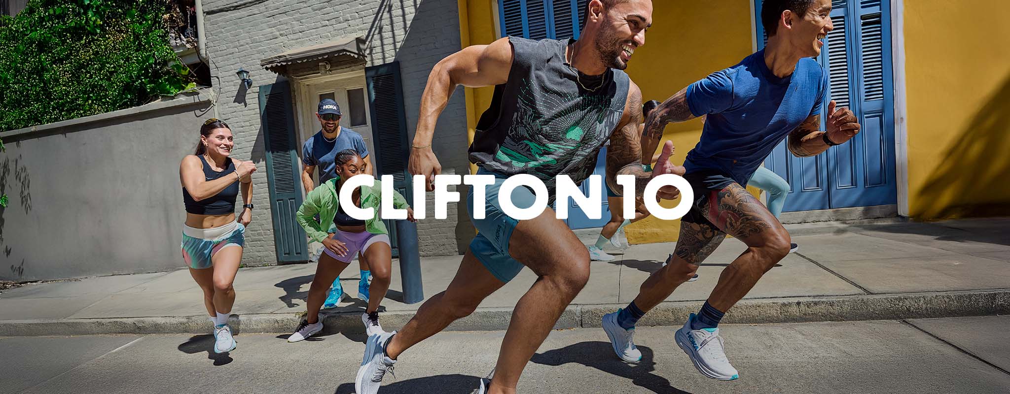 Shop Clifton 10. Group of runners on the road