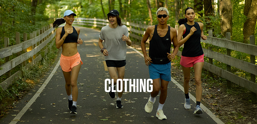 Shop Clothing new season. A group of people running through the park