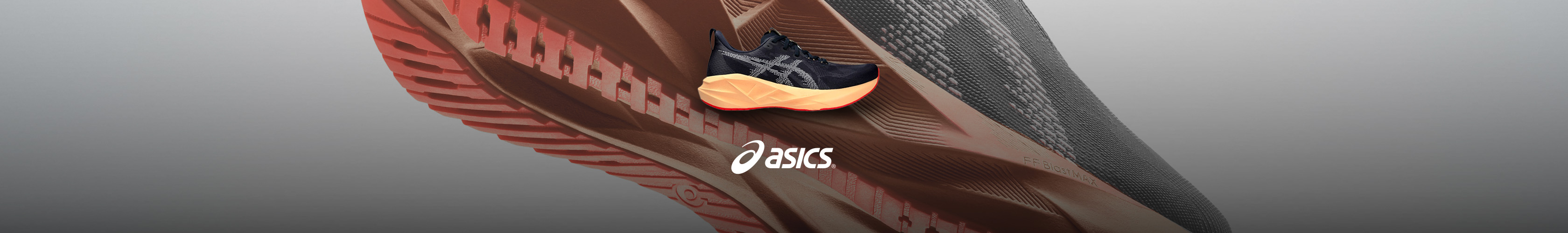 Shop Asics Novablast 5 running shoes. A black shoe with a vibrant background