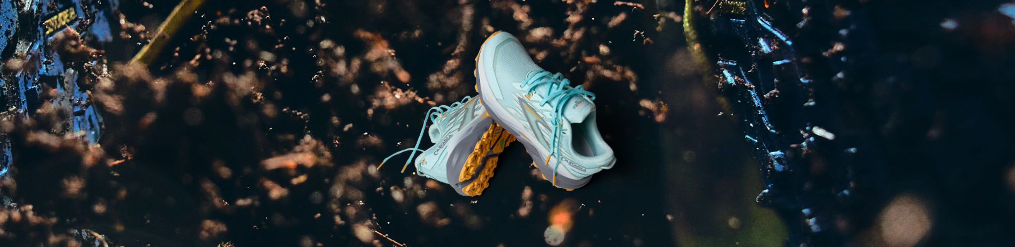 Shop Brooks Cascadia 19. A pair of Brooka Cascadia running shoes on an abstract background